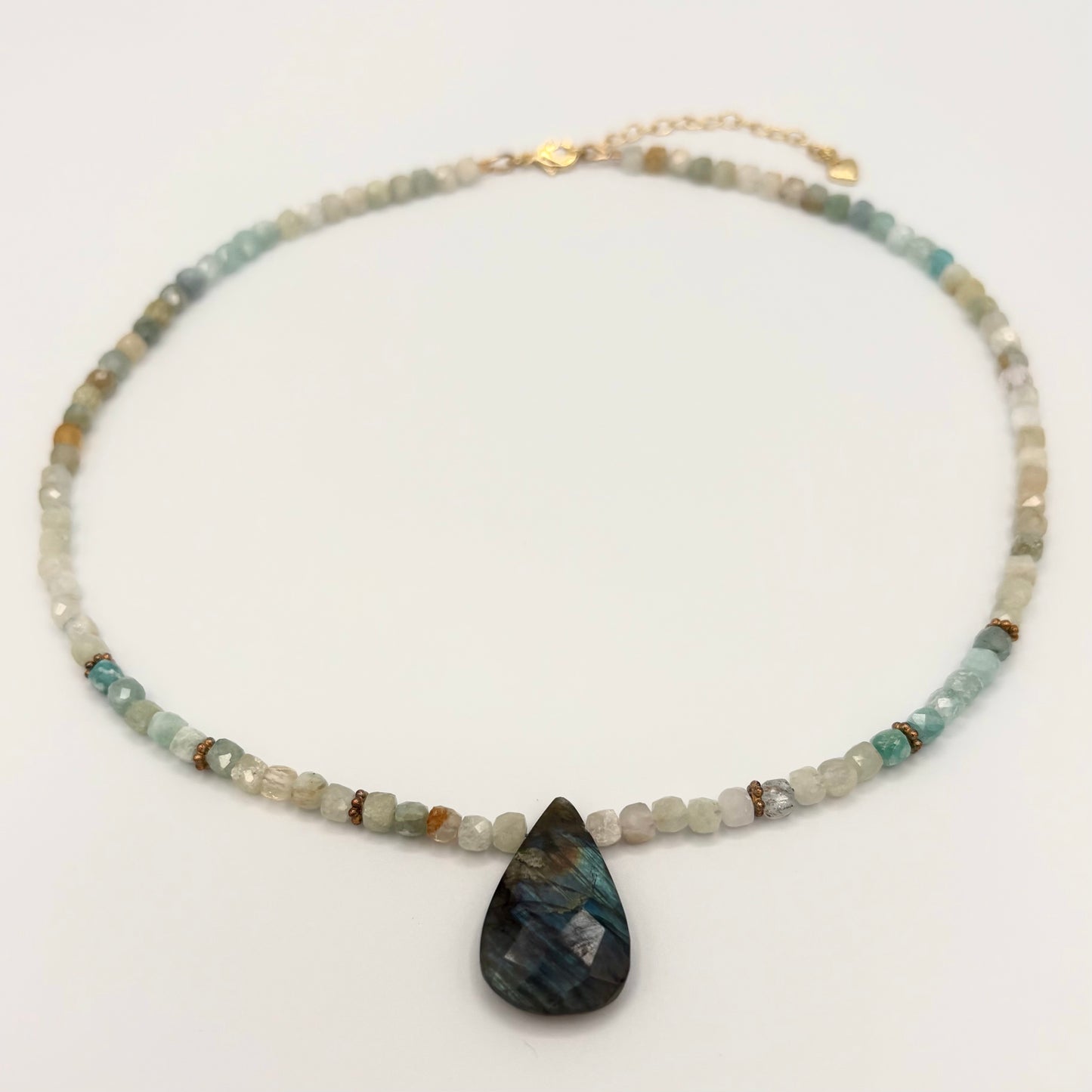 Aquamarine Necklace with Labradorite Pendant & 18K Gold-Filled Daisy Spacers