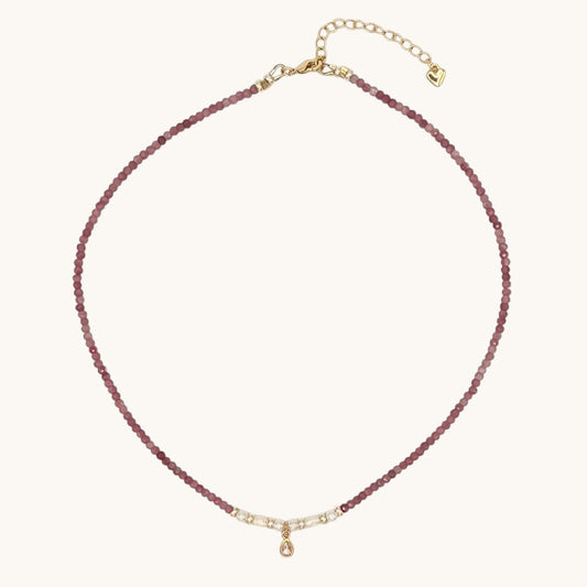 Pink Tourmaline & Freshwater Pearl Necklace with Gold-Filled Teardrop Charm – 15” & 17” Options