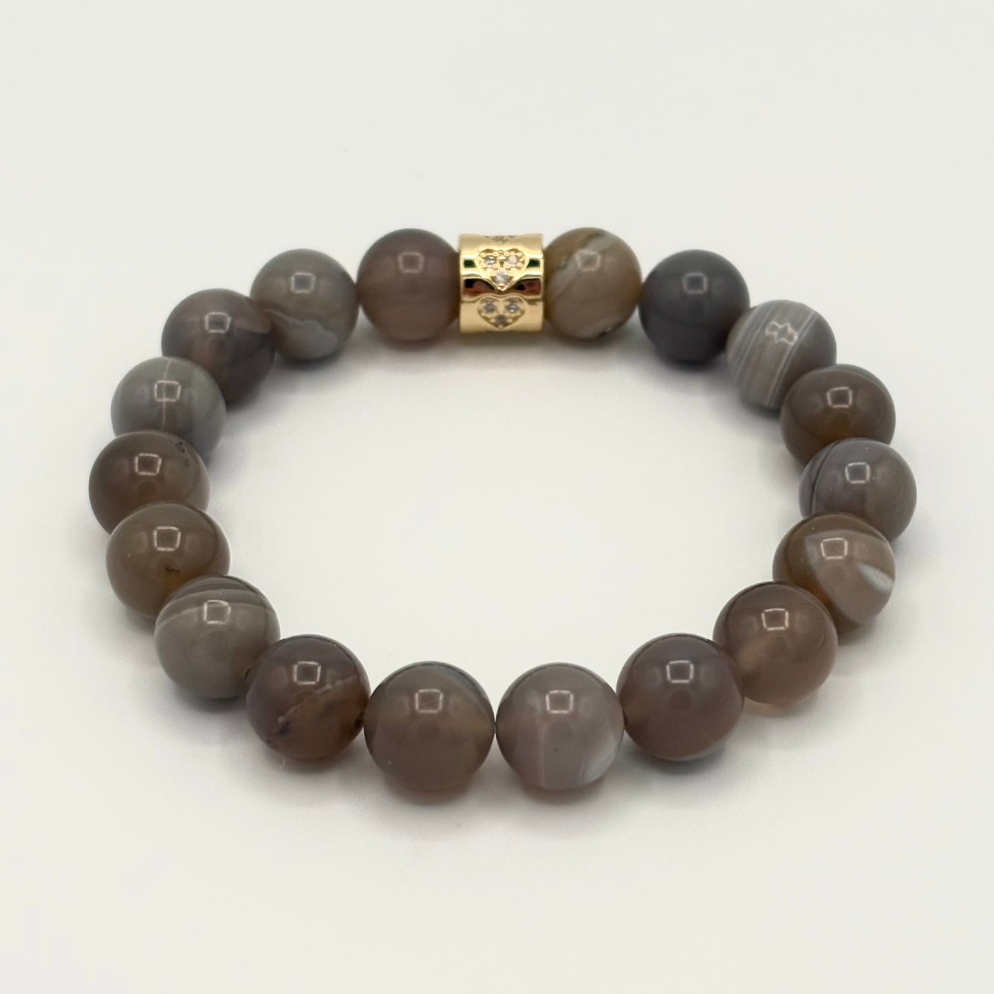 Striped Grey Agate Heart Stretch Bracelet | 24K Gold Filled CZ Spacer