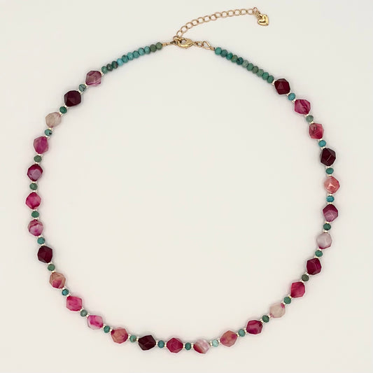 Ruby Pink Line Agate Star-Cut Necklace with Turquoise & 18K Gold-Filled Findings