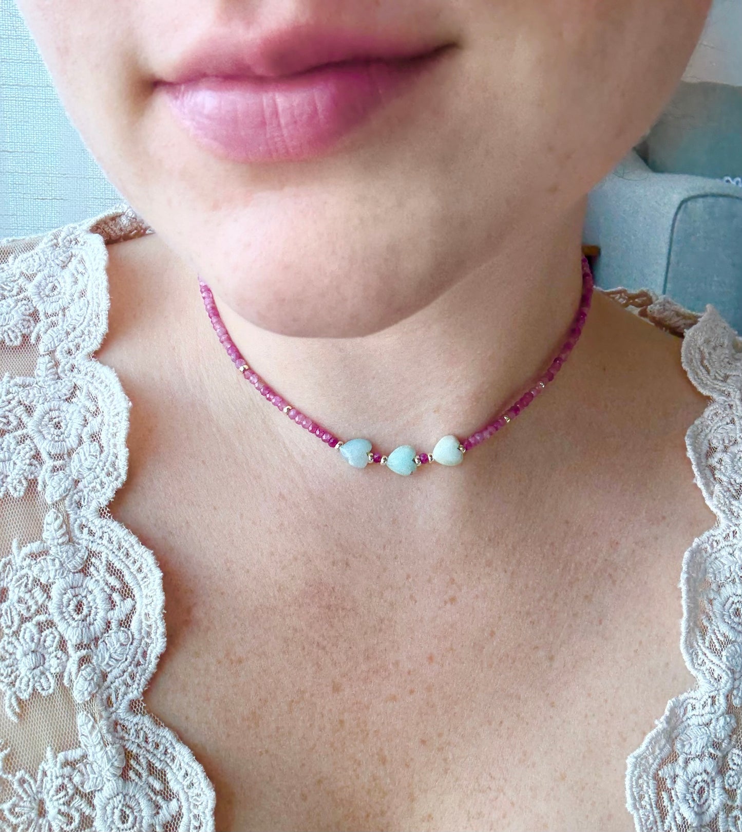 Pink Tourmaline & Amazonite Gemstone Necklace with 18k Gold-Filled Findings