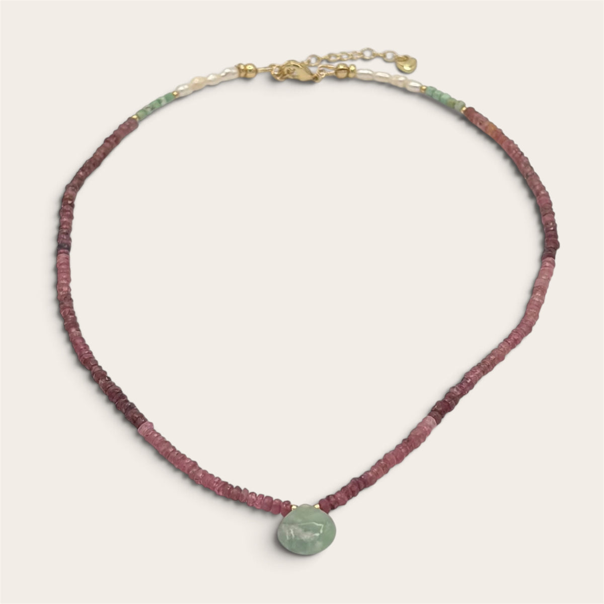 Pink Tourmaline, Jade, Turquoise & Freshwater Pearl Necklace - 18k Gold-Filled