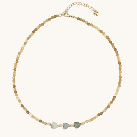African Yellow Opal Necklace with Amazonite Heart Accents & Gold-Filled Puffy Heart Extender (15–17”)