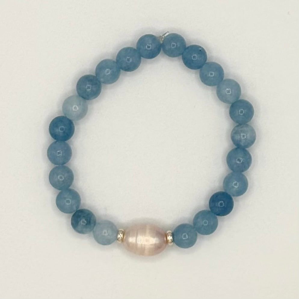Blue Jade, Freshwater Pearl & Gold-Filled Kids Stretch Bracelet