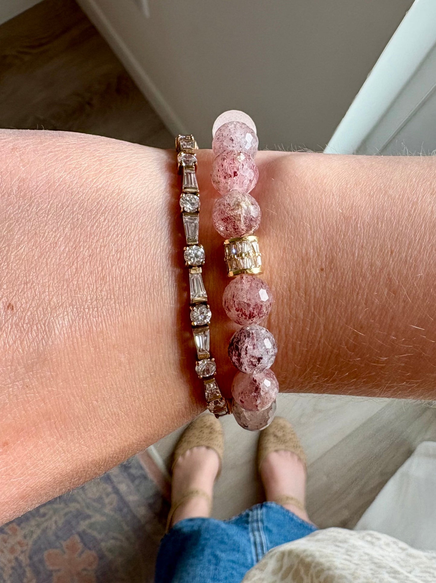 Strawberry Quartz Stretch Bracelet with 18k Gold-Filled & CZ Spacer