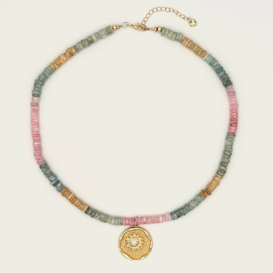 Aquamarine & 24k Gold-Filled Sunflower Gemstone Necklace