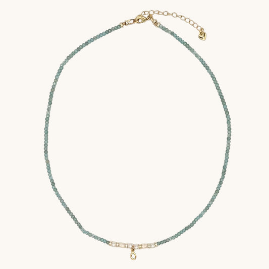 Green-Blue Apatite & Freshwater Pearl Necklace with Gold-Filled Teardrop Charm – 17”