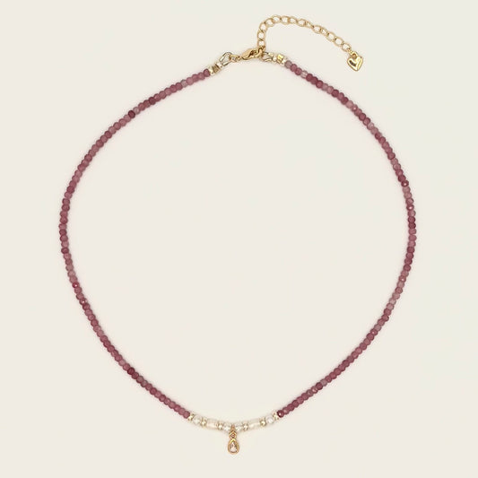 Pink Tourmaline & Freshwater Pearl Necklace with Gold-Filled Teardrop Charm – 15” & 17” Options