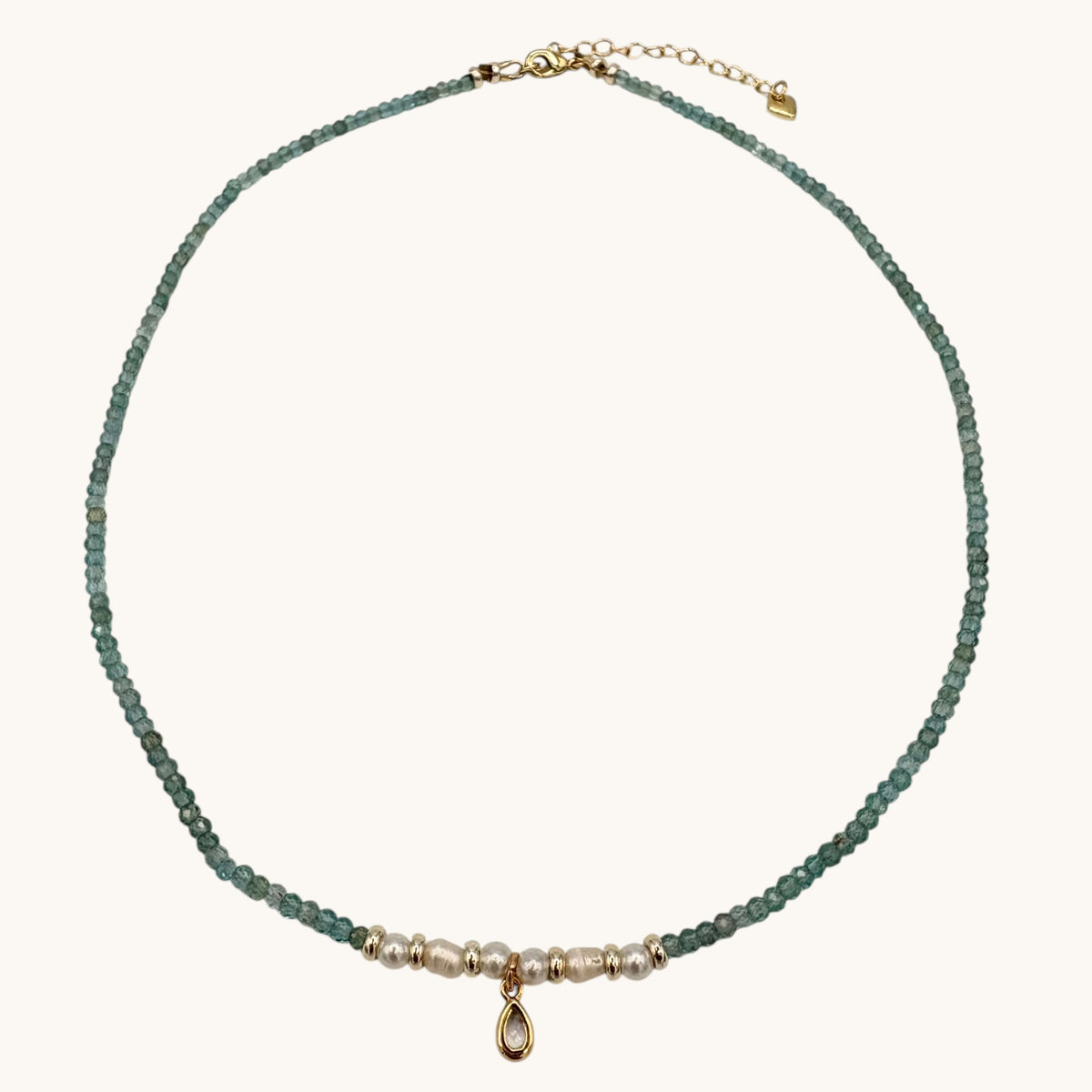 Green-Blue Apatite & Freshwater Pearl Necklace with Gold-Filled Teardrop Charm – 17”