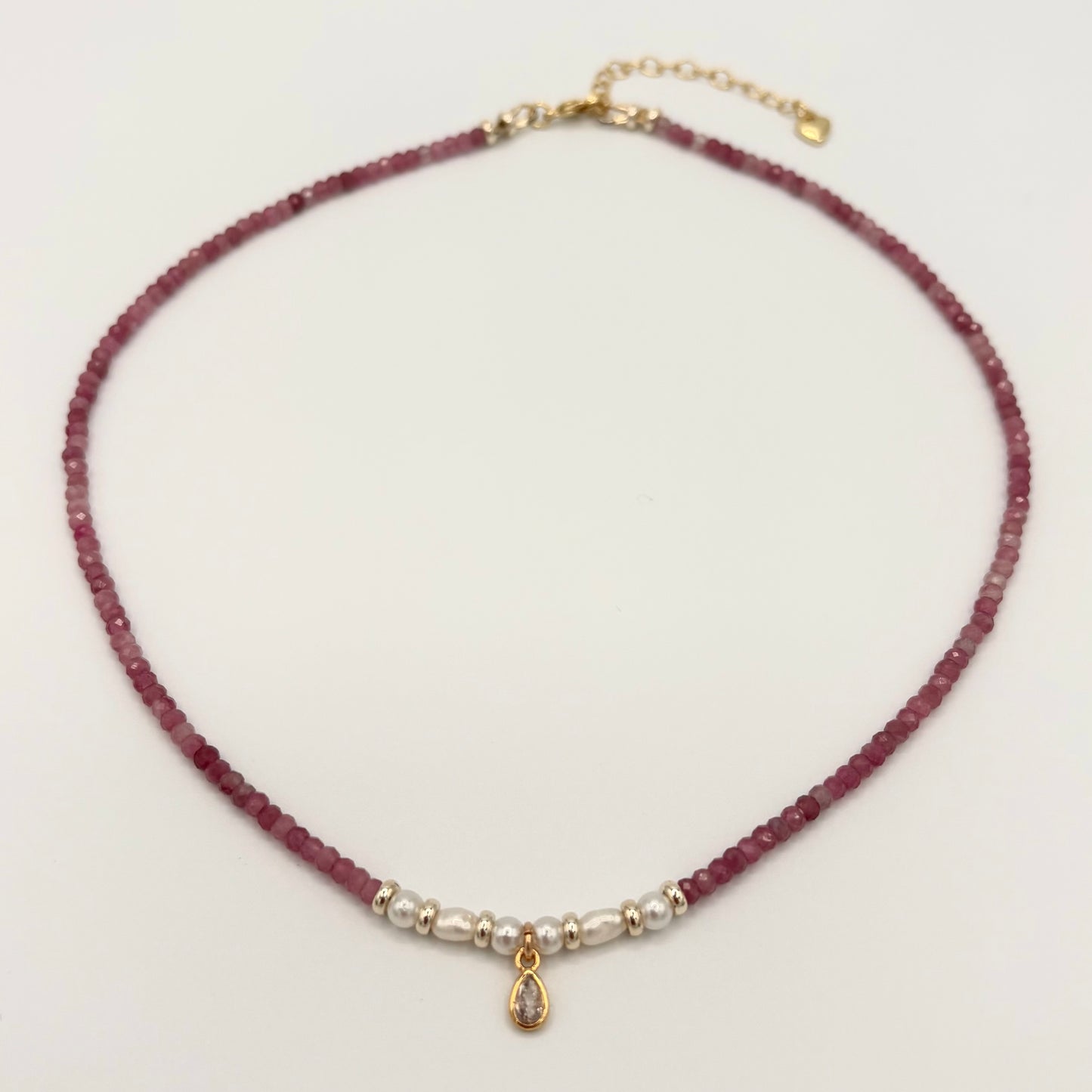 Pink Tourmaline & Freshwater Pearl Necklace with Gold-Filled Teardrop Charm – 15” & 17” Options