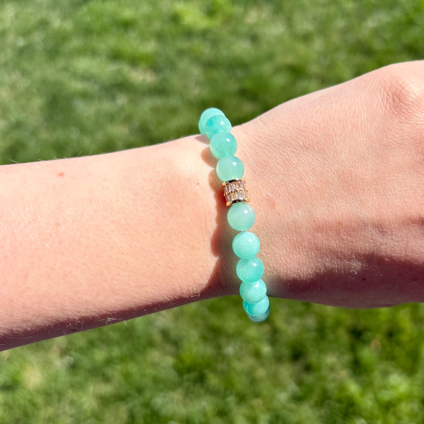Bright Blue Amazonite Stretch Bracelet with 18K Gold-Filled CZ Spacer | 6.5mm Gemstone Beads