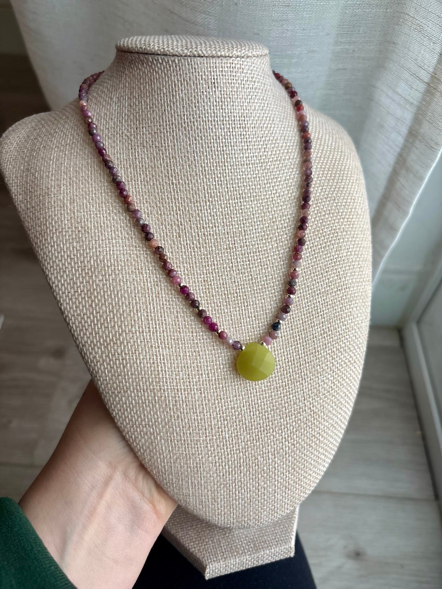 Tourmaline Necklace with Peridot Jade Puff Pendant & 18K Gold-Filled Findings