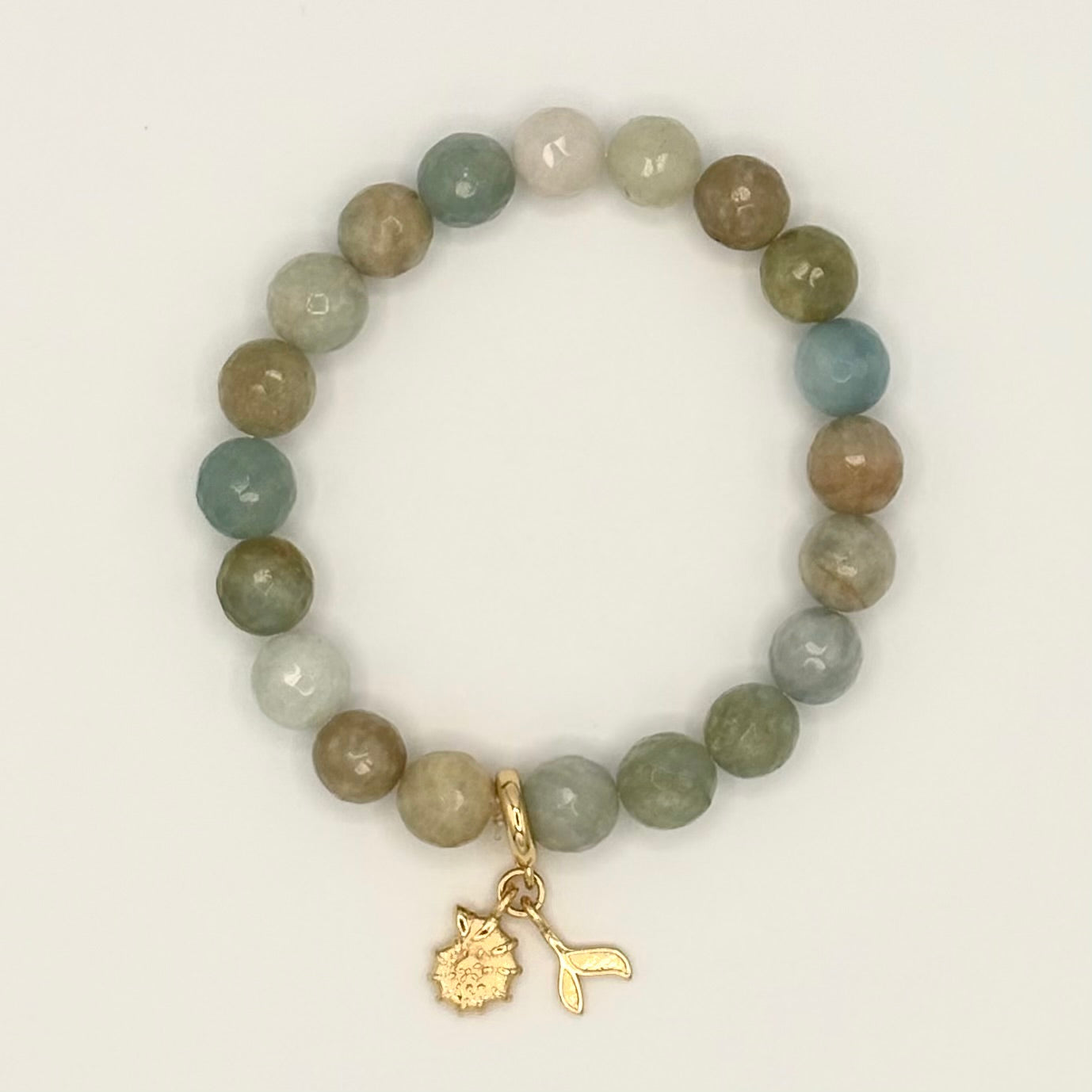 Aquamarine Whale Tail & Shell Stretch Bracelet | 24K Gold Filled Charms