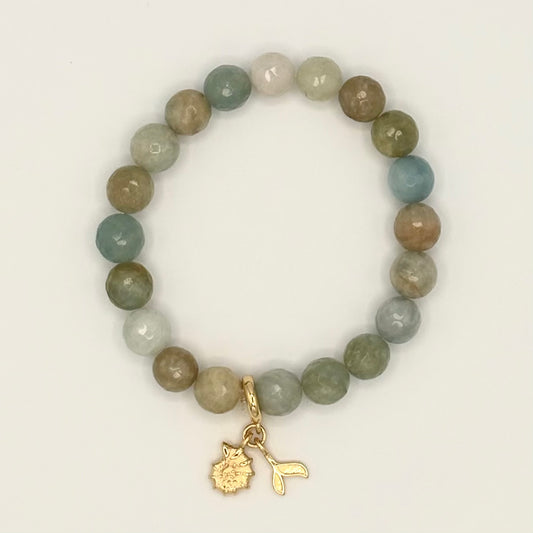 Aquamarine Whale Tail & Shell Stretch Bracelet | 24K Gold Filled Charms