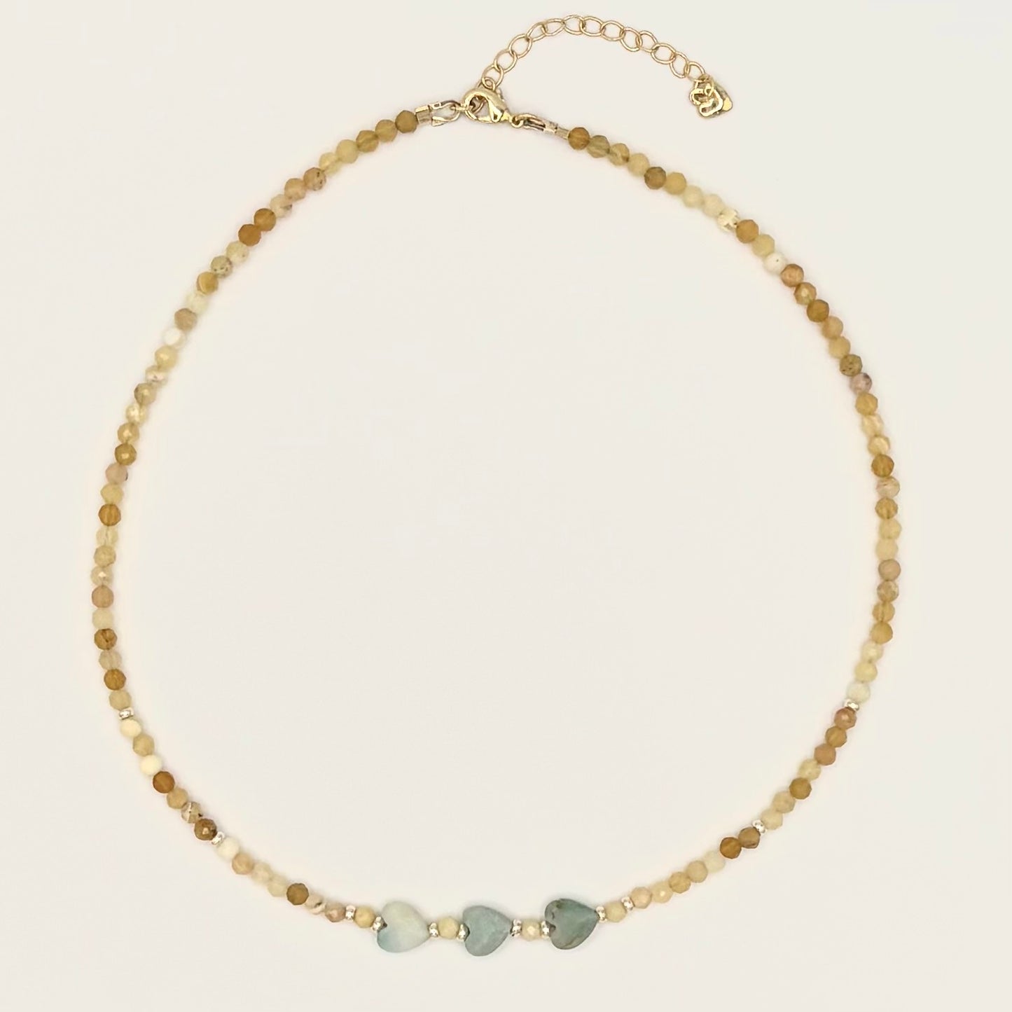 African Yellow Opal Necklace with Amazonite Heart Accents & Gold-Filled Puffy Heart Extender (15–17”)