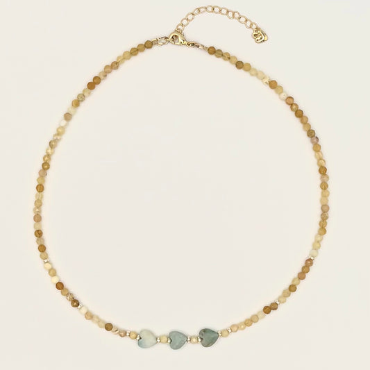 African Yellow Opal Necklace with Amazonite Heart Accents & Gold-Filled Puffy Heart Extender (15–17”)