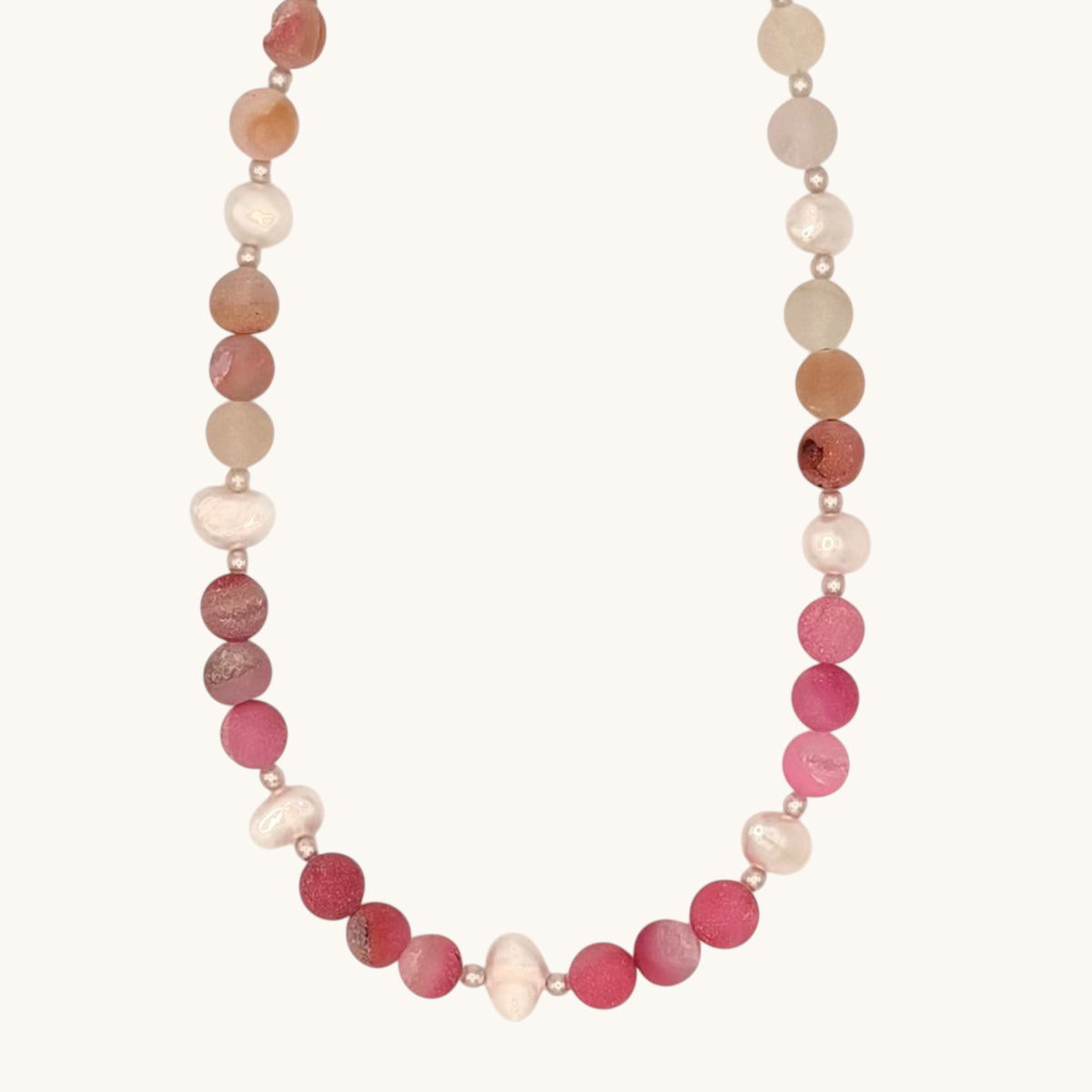 Pink Druzy Agate & Freshwater Pearl Necklace with Tiny Pearl Spacers and Gold-Plated Findings (16”)
