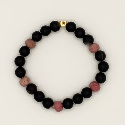 Sardonyx & Rhodonite Stretch Bracelet with 18k Gold-Filled Heart Spacer