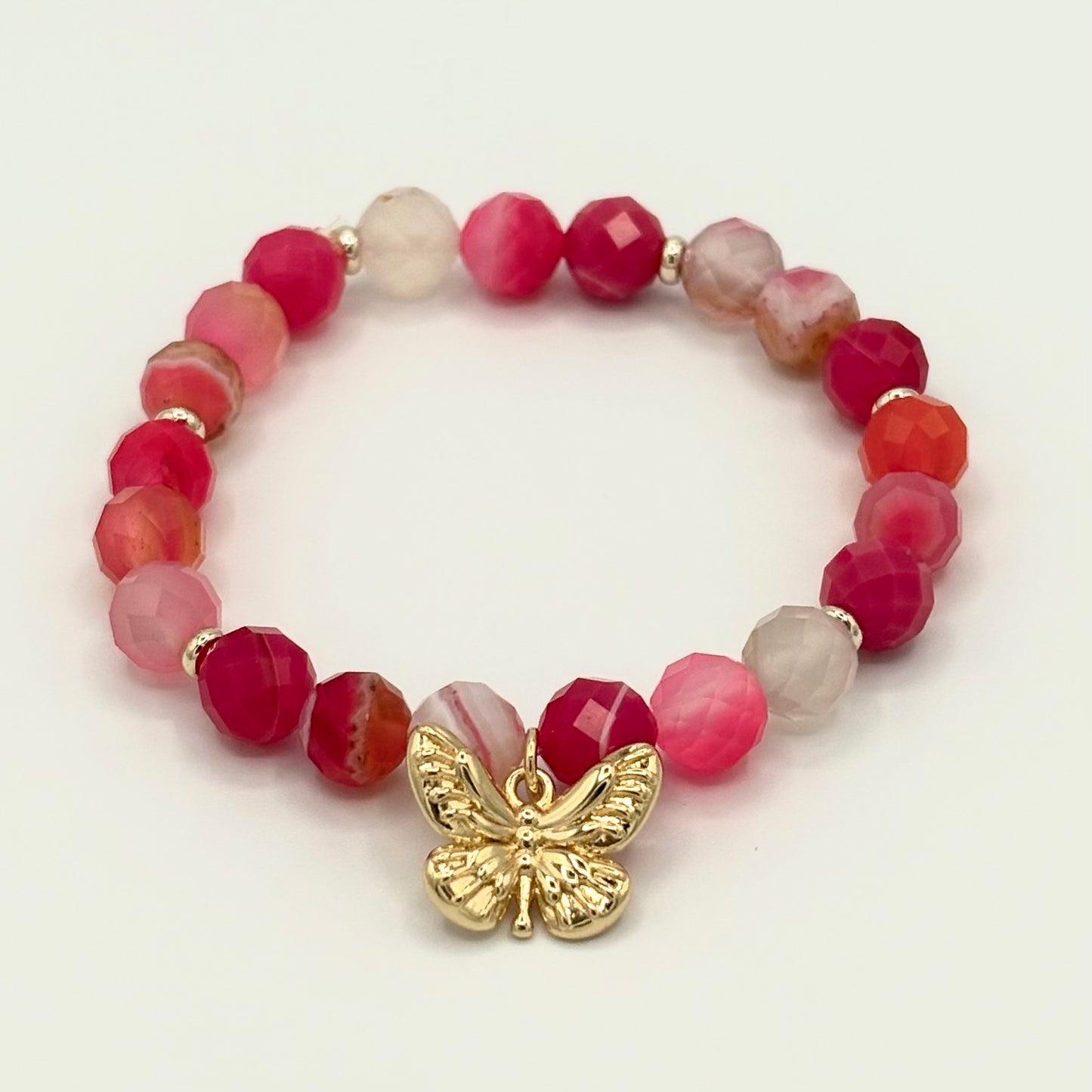 Magenta Sardonyx Stretch Bracelet with 24k Gold-Filled Butterfly Charm