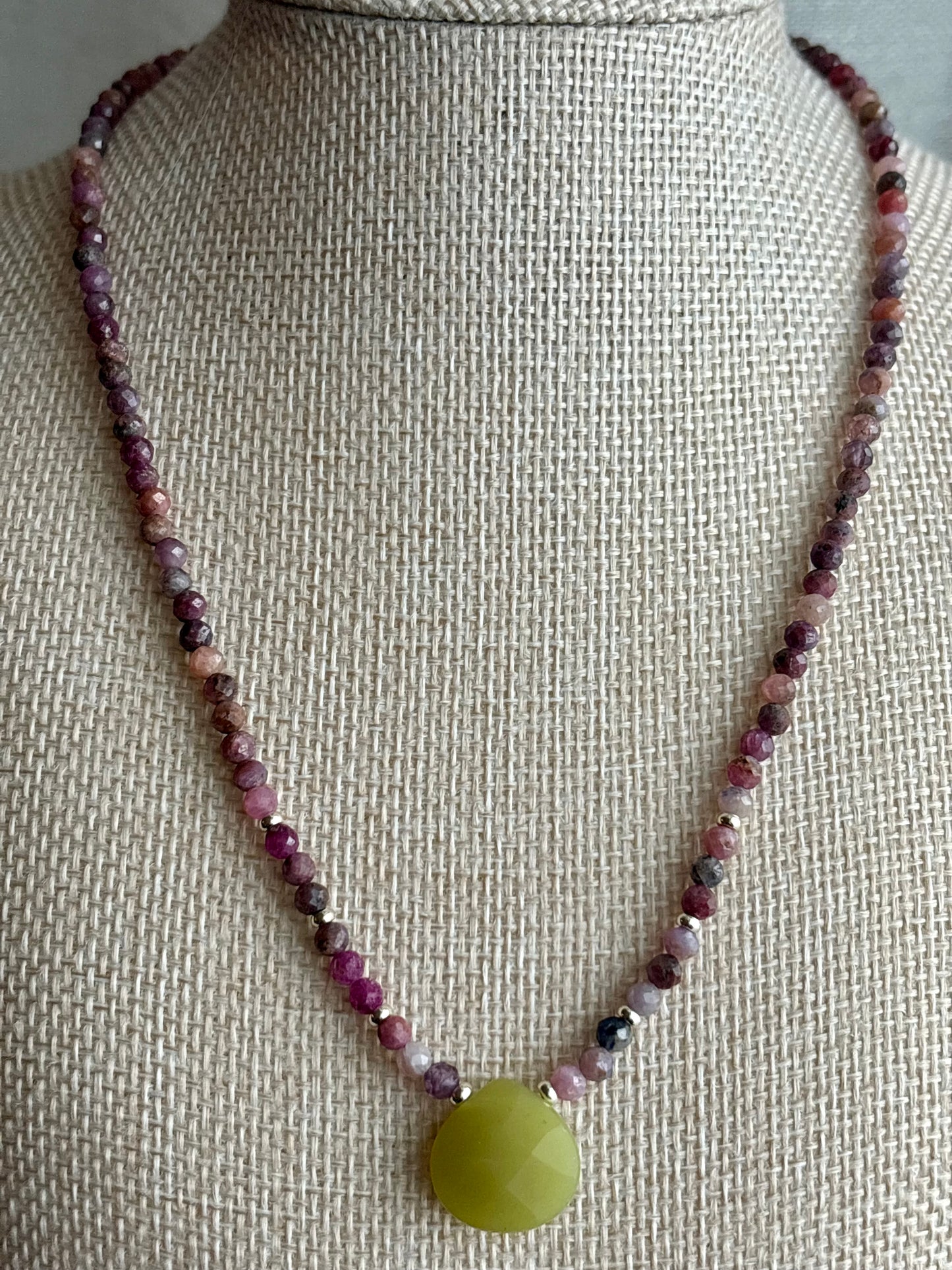 Tourmaline Necklace with Peridot Jade Puff Pendant & 18K Gold-Filled Findings