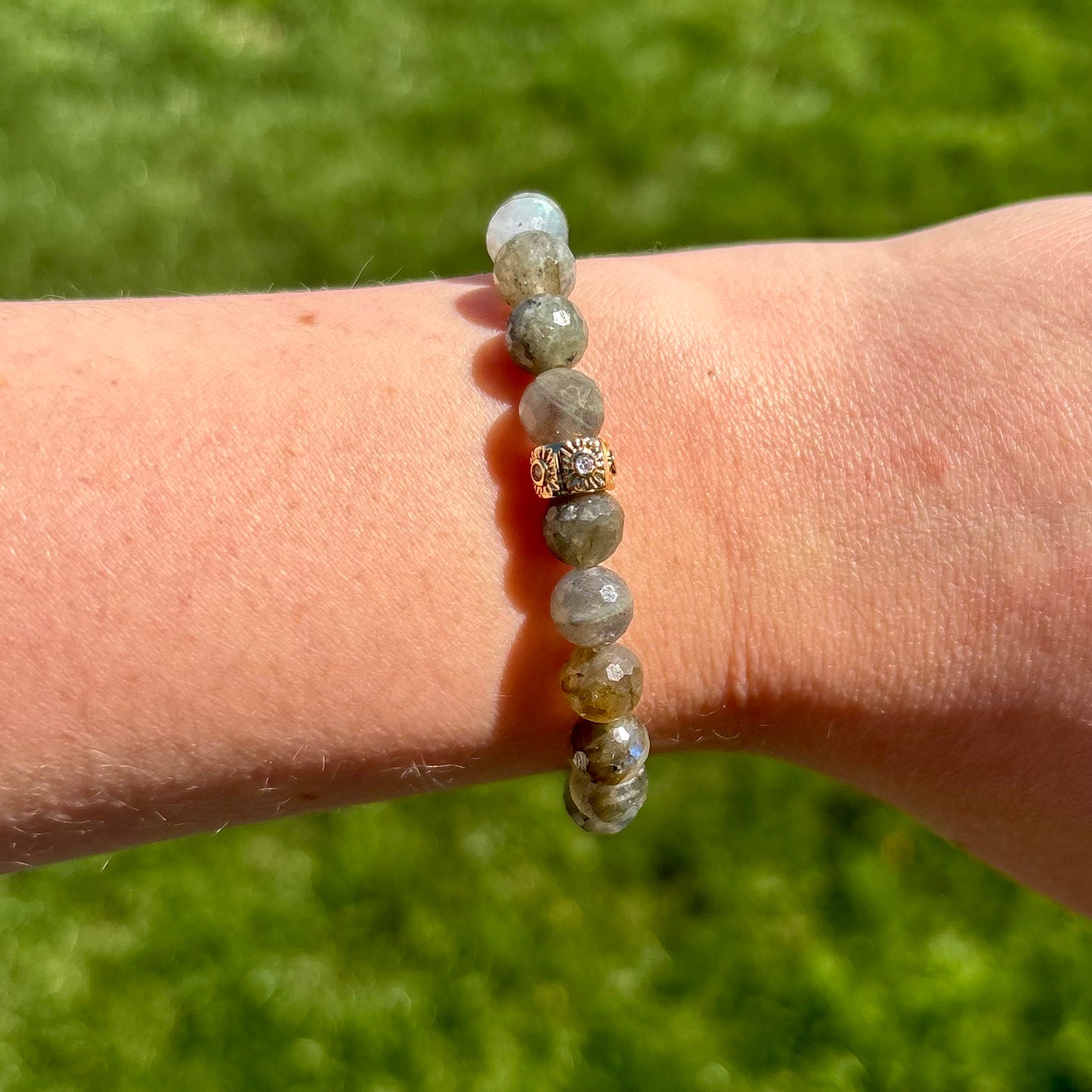 Faceted Labradorite Bracelet with Celestial Sun Charm – 6.5mm Gemstone Stretch