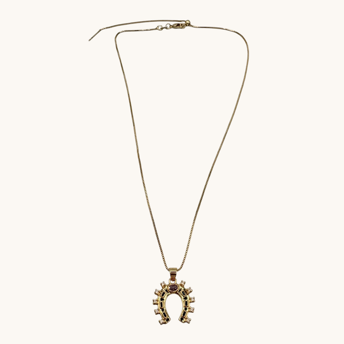 24K Gold-Filled Multicolor CZ Horseshoe Necklace on Adjustable Box Chain