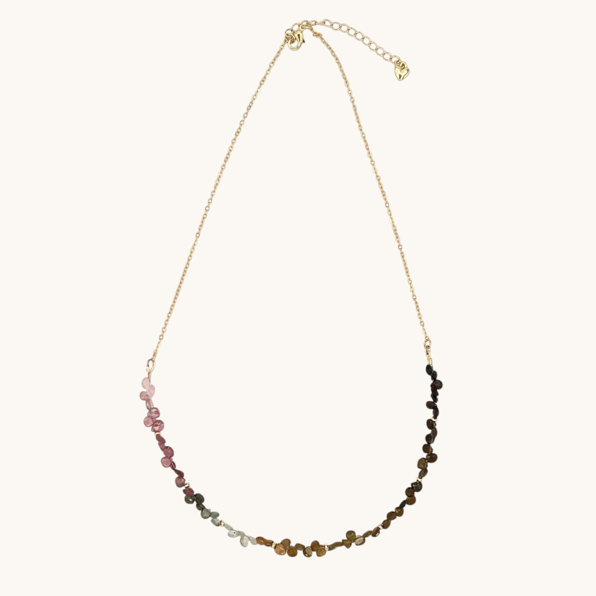 Tourmaline Ombre Briolette Necklace with Gold-Filled Chain & Puffy Heart Extender (19–21”)