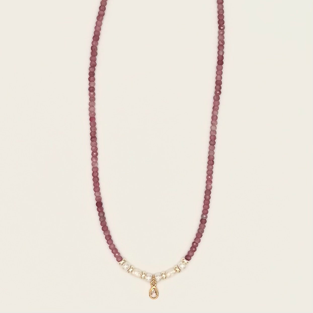 Pink Tourmaline & Freshwater Pearl Necklace with Gold-Filled Teardrop Charm – 15” & 17” Options