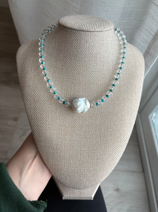 Crystal Quartz & Turquoise Baroque Pearl Necklace - 18K Gold-Filled, 17” Adjustable