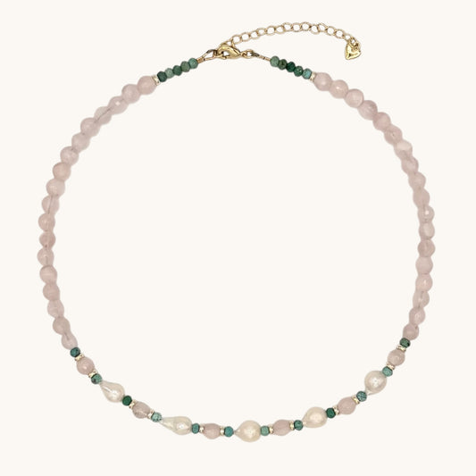 Rose Quartz & Turquoise Necklace | Freshwater Pearls & 18K Gold-Filled Details
