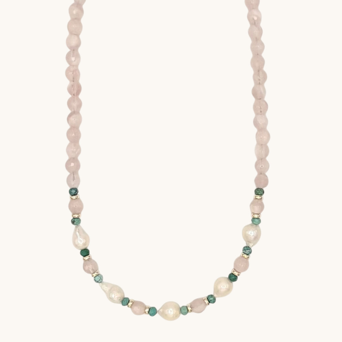 Rose Quartz & Turquoise Necklace | Freshwater Pearls & 18K Gold-Filled Details