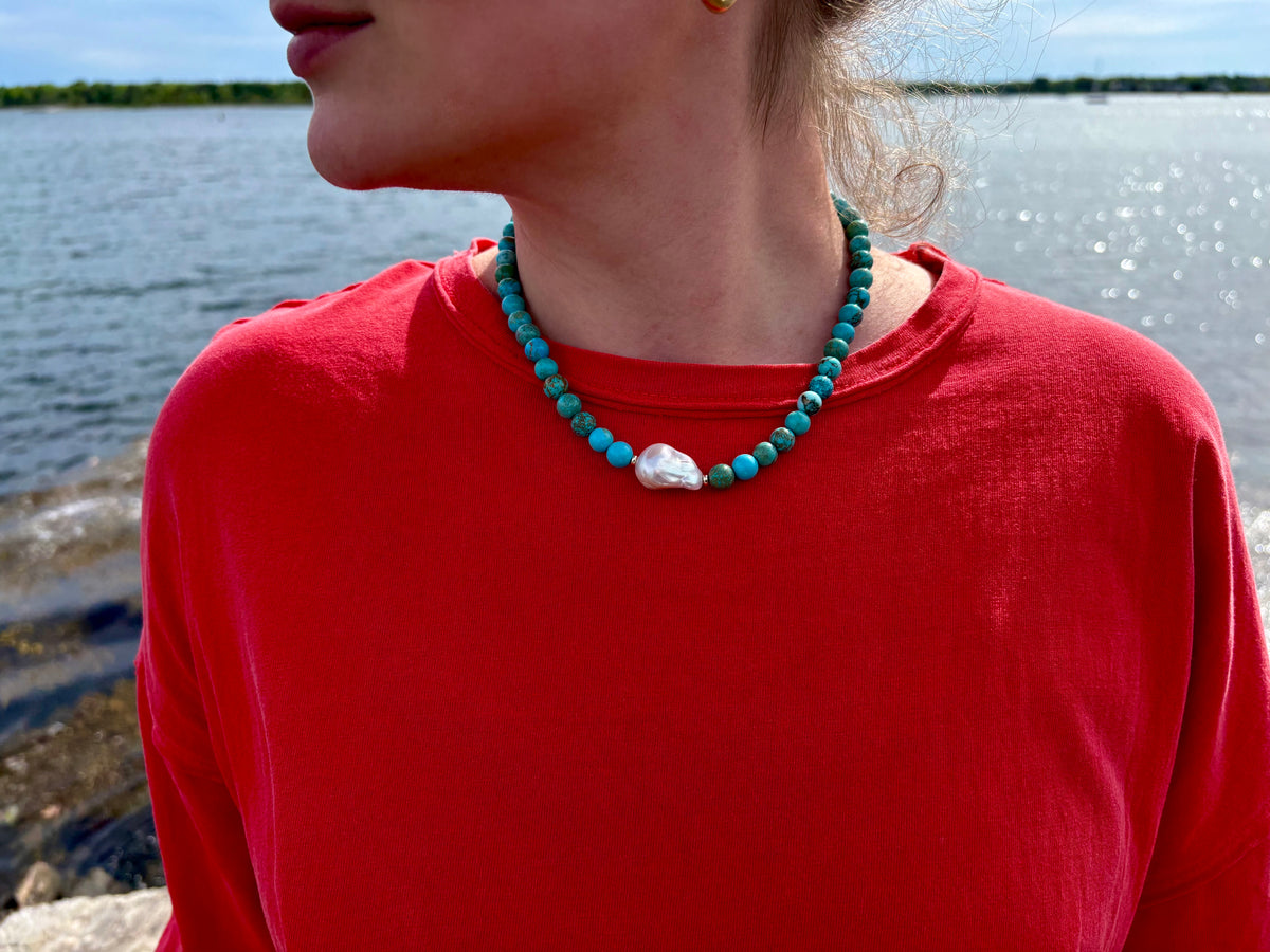 Turquoise, Freshwater Baroque Pearl & 18k Gold-Filled Gemstone Necklace