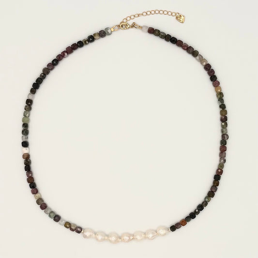Multicolor Tourmaline Necklace with Freshwater Pearls & Gold-Filled Findings