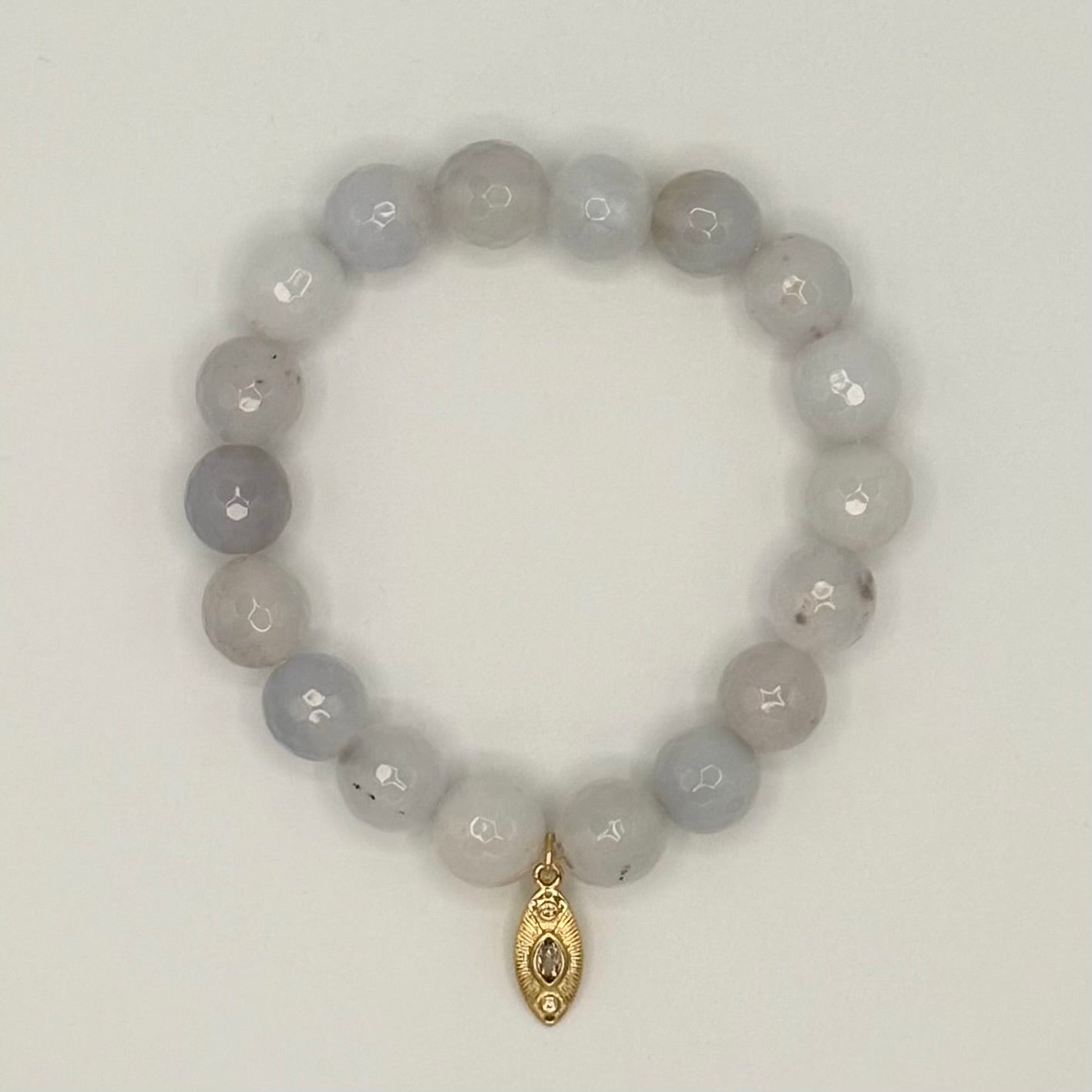 Blue Lace Agate Evil Eye Stretch Bracelet | 24K Gold Filled Charm