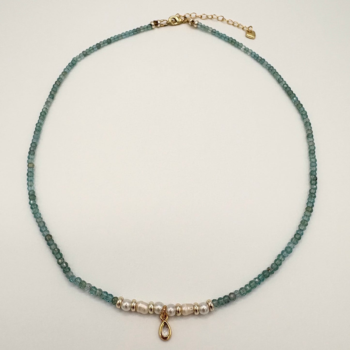 Green-Blue Apatite & Freshwater Pearl Necklace with Gold-Filled Teardrop Charm – 17”