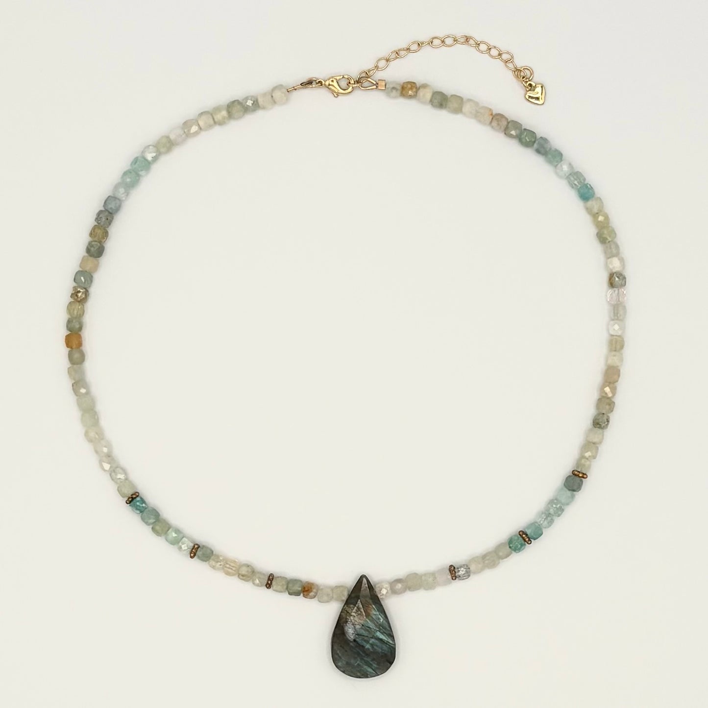 Aquamarine Necklace with Labradorite Pendant & 18K Gold-Filled Daisy Spacers