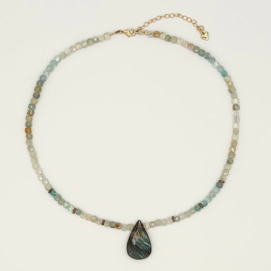 Aquamarine Necklace with Labradorite Pendant & 18K Gold-Filled Daisy Spacers