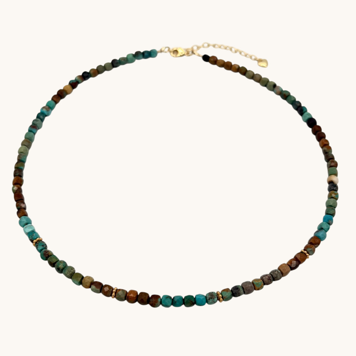 Earth Tones Faceted Turquoise Necklace with Gold Vermeil Daisy Spacers & Heart Extender (16–18”)