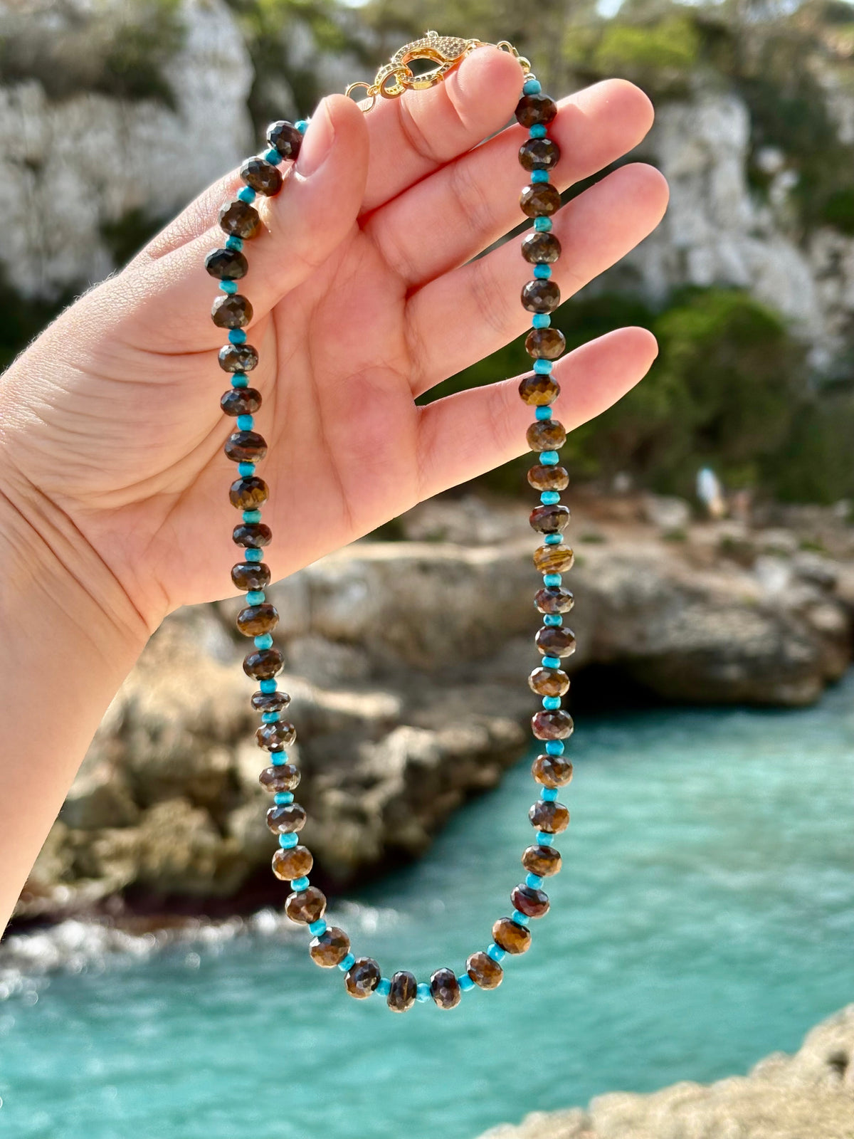 Tiger’s Eye,Turquoise & Cubic Zirconia 24k Gold-Filled Necklace
