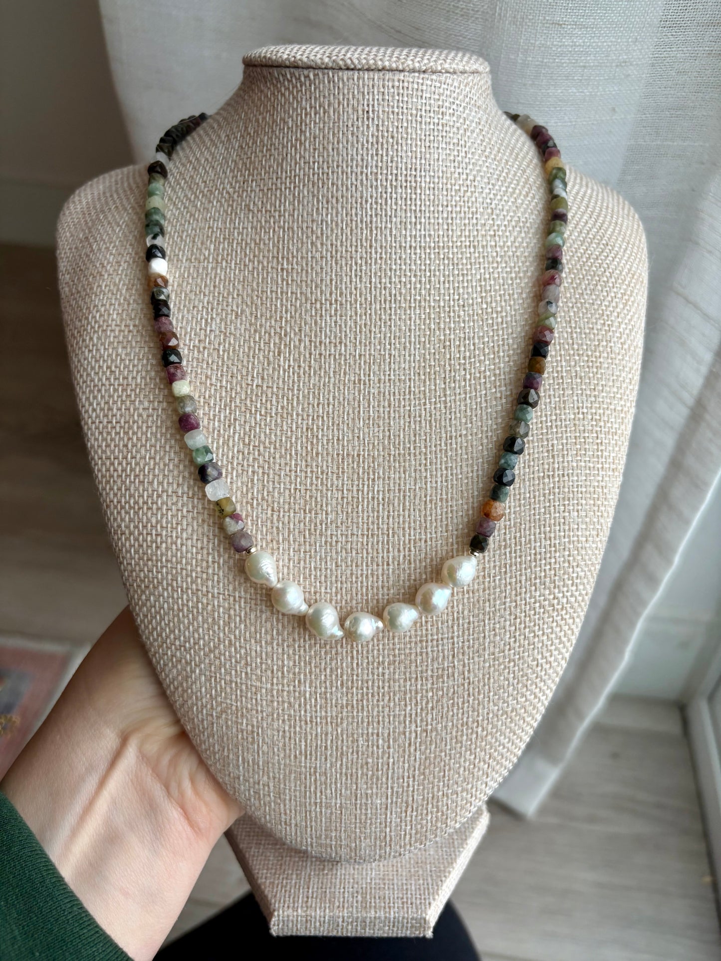 Multicolor Tourmaline Necklace with Freshwater Pearls & Gold-Filled Findings