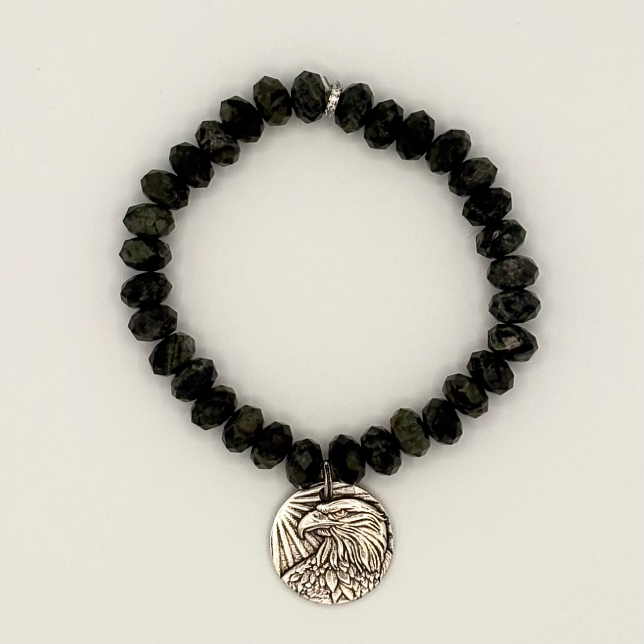 Green & Black Jasper Football Fan Stretch Bracelet | Rhodium Eagle Coin Charm