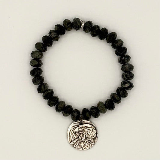 Green & Black Jasper Football Fan Stretch Bracelet | Rhodium Eagle Coin Charm