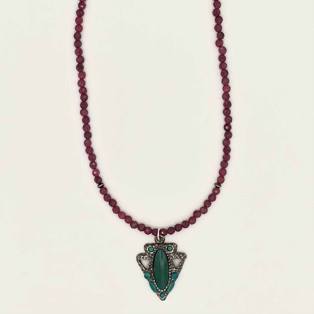Ruby Bead Necklace with Vintage Sterling Silver Arrowhead Pendant & Turquoise Accents (16.5”)