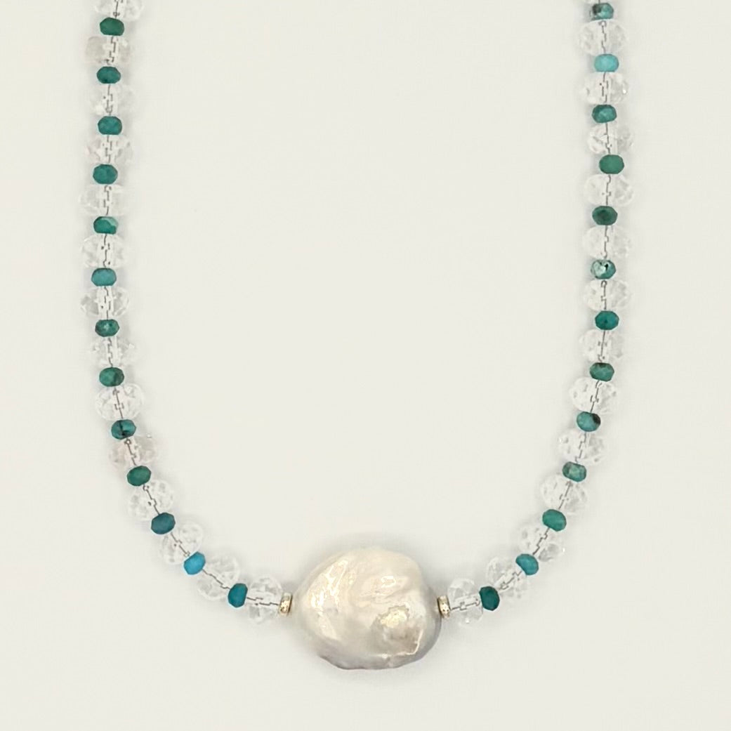 Crystal Quartz & Turquoise Baroque Pearl Necklace - 18K Gold-Filled, 17” Adjustable