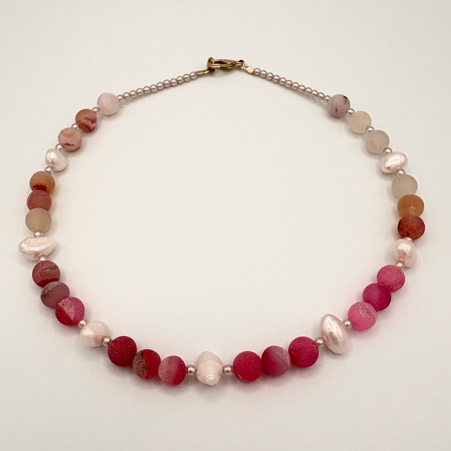 Pink Druzy Agate & Freshwater Pearl Necklace with Tiny Pearl Spacers and Gold-Plated Findings (16”)