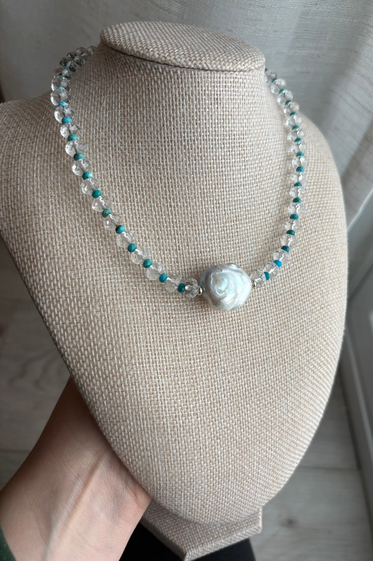 Crystal Quartz & Turquoise Baroque Pearl Necklace - 18K Gold-Filled, 17” Adjustable