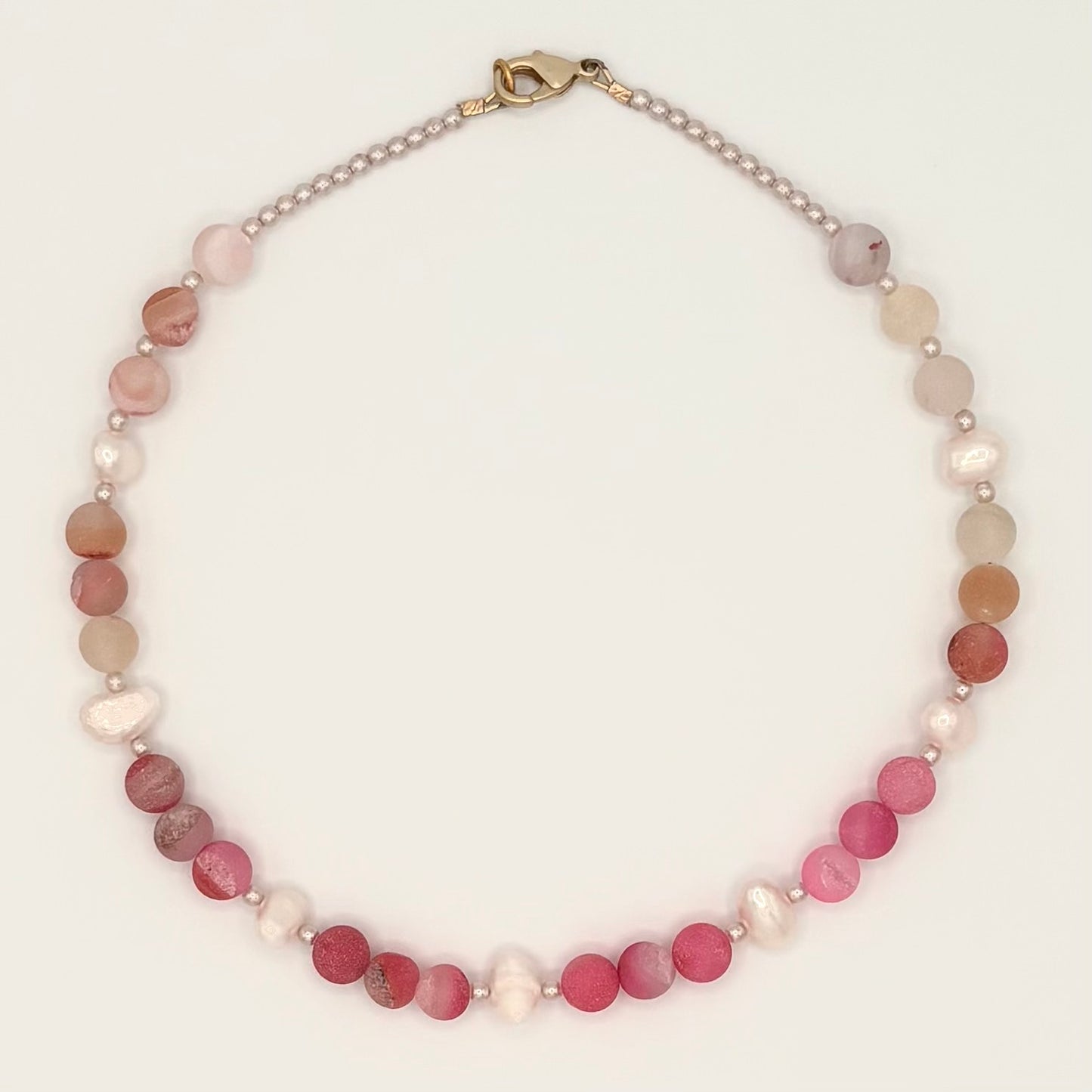 Pink Druzy Agate & Freshwater Pearl Necklace with Tiny Pearl Spacers and Gold-Plated Findings (16”)