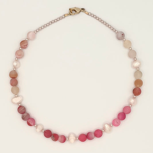 Pink Druzy Agate & Freshwater Pearl Necklace with Tiny Pearl Spacers and Gold-Plated Findings (16”)