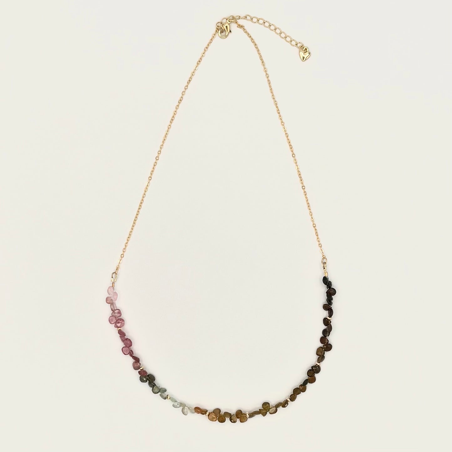 Tourmaline Ombre Briolette Necklace with Gold-Filled Chain & Puffy Heart Extender (19–21”)
