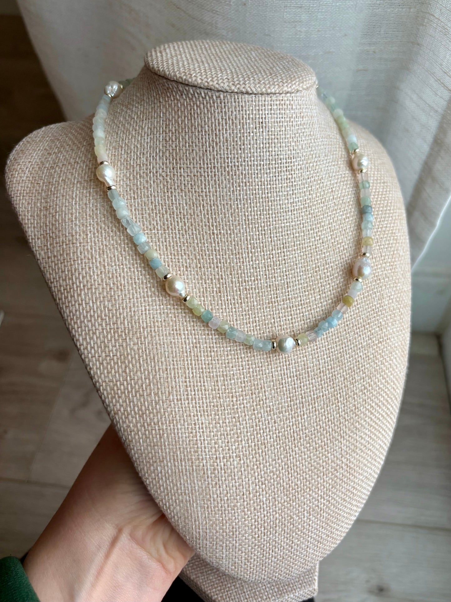 Morganite & Freshwater Pearl Necklace with 18K Gold-Filled Spacers